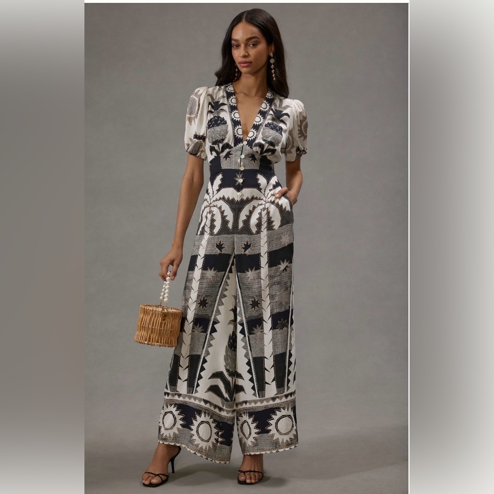 Farm Rio Puff-Sleeve Linen Jumpsuit